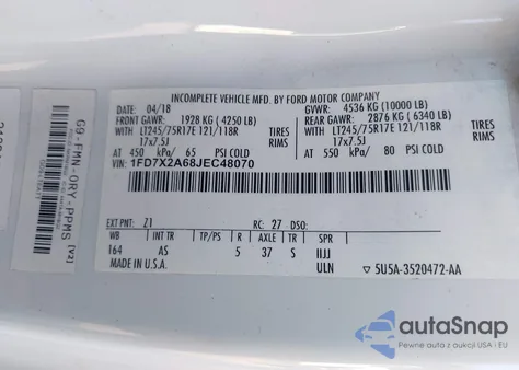 2018 Ford F-250 Xl z USA, uszkodzony, nr VIN 1FD7X2A68JEC48070